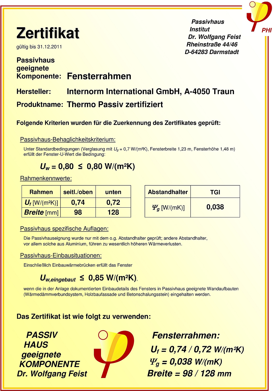 Certifikát pro okno Thermo passiv