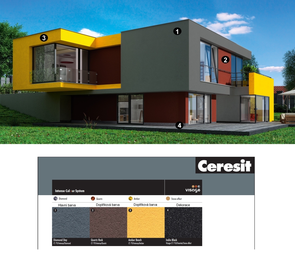 Moderní dům se kombinaci tří velmi intenzivních barev Ceresit Intense. Zdůrazňují kubické formy projektu a pomáhají budově brilantně vystoupit ze svého okolí.