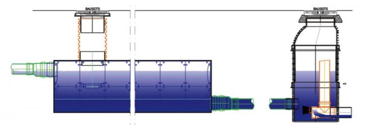 Příklad retenční nádrže z boxů Q-Bic s revizní šachtou a regulačním prvkem v šachtě Tegra 1000