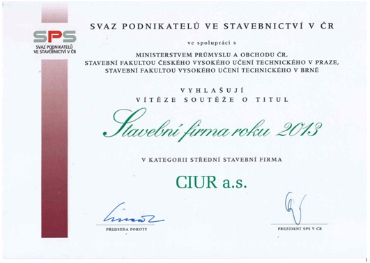 CIUR oceněn titulem Stavební firma roku 2013 v kategorii střední stavební firma