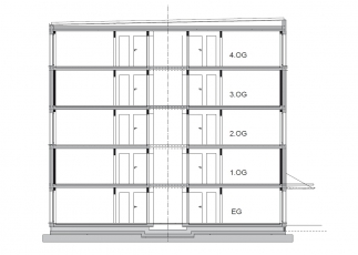 Řez objektem; modulární systém umožňující kompletaci a montáž přímo na místě určení, lze skládat až do osmipatrových budov s nosnou konstrukcí z překládaného dřeva. zdroj LiWooD, München