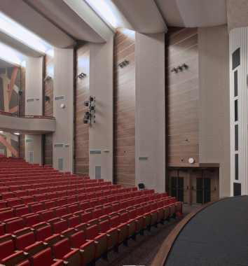 Kulturní dům TRISIA, Třinec – modernizace divadelního sálu. Vysoký důraz na akustická řešení na stěnách i rampách balkónu a jeviště. Nápaditá barevnost vyžadovala dokonalé řemeslné zpracování povrchů.