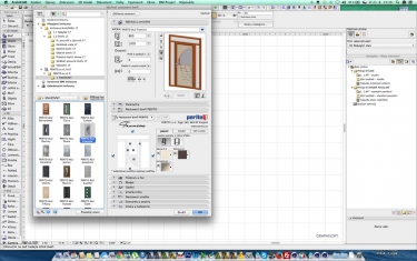 Obr. 1: Ukázka použití dveří jako prvku z BIM katalogu v ArchiCADu: a – výběr výrobku v katalogu knihovních prvků; b – nastavení parametrů – výběr z možných materiálů; c – 3D model pro projekt a vizualizaci; d – detailní půdorys – podrobnost dle měřítka zobrazení 