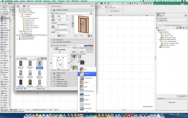Obr. 1: Ukázka použití dveří jako prvku z BIM katalogu v ArchiCADu: a – výběr výrobku v katalogu knihovních prvků; b – nastavení parametrů – výběr z možných materiálů; c – 3D model pro projekt a vizualizaci; d – detailní půdorys – podrobnost dle měřítka zobrazení 