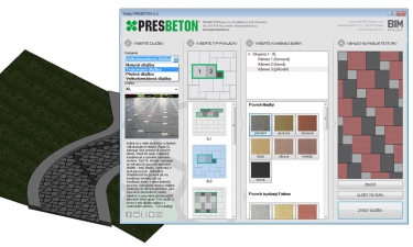 Obr. 3: Ukázka generování textur v Revitu: a – výběr typu dlažby, vzoru a barevnosti kamenů; b – prvek s vygenerovanou texturou, viz horní lišta s výběrem doplňků;  c – vizualizace s objektem mobiliáře 