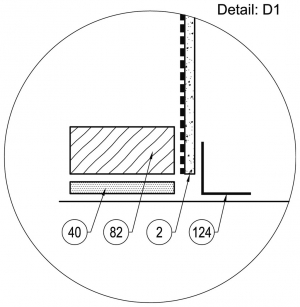 Schéma napojení podlahy a vnější stěny – detail: 2 – SVD fermacell tl. 12,5 mm a parotěsná fólie nebo fermacell Vapor tl. 12,5 mm, 40 – výplňová malta fermacell, 82 – dřevěná konstrukce rámu (podle certifikace), 124 – penetrace + těsnicí páska