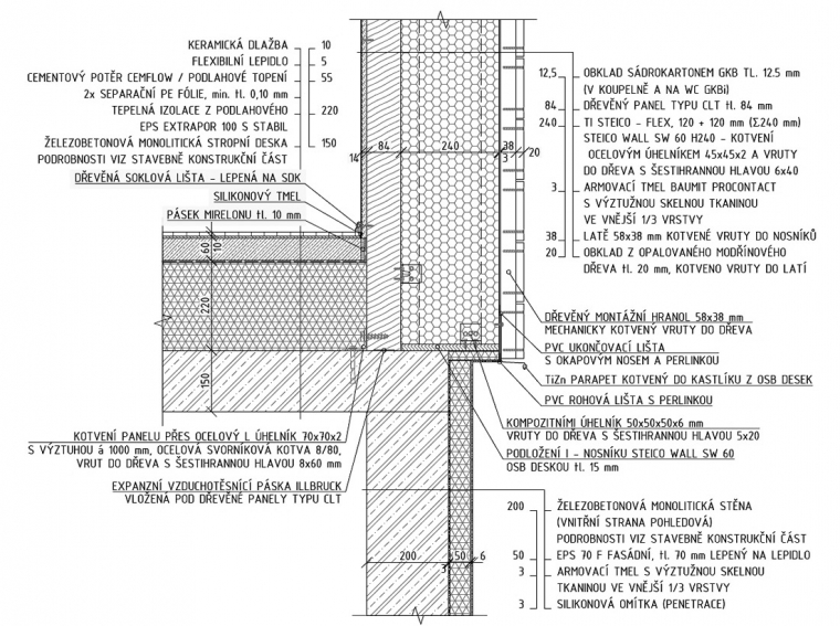 Obr. 4: Detail napojení konstrukce z CLT panelů na ŽB monolitickou konstrukci 1. PP