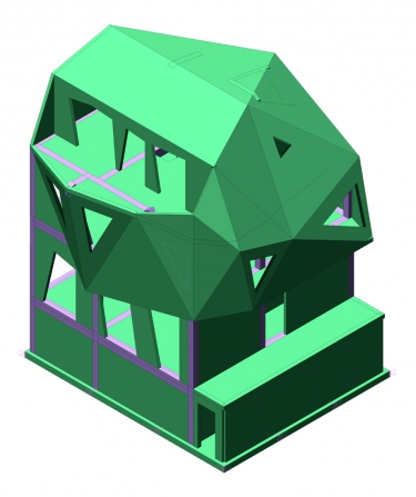 Obr. 1: Konstrukční 3D model; a – pohled z ulice, b – pohled ze zahrady [1]