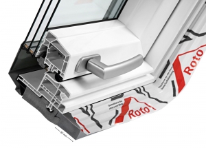 Příčný řez nízkoenergetickým oknem Roto Designo R6/R8 s trojsklem
