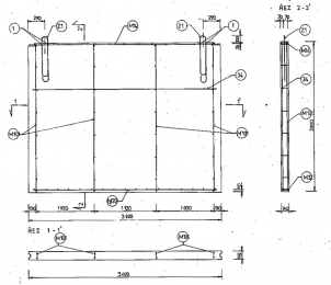 Obr. 3: Výztuž stěnového dílce T-06B Ol; panel má pouze po obvodě lemovací výztuž ze dvou prutů oceli 10216 (hladké kruhové) Ø 10 mm; zbytek výztuže nesplňuje požadavky na minimální vyztužení, jedná se tedy vlastně o prostý beton