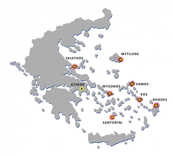 Projekty klusteru B: letiště Kos, Mykonos, Mytilini, Rhodos, Samos, Santorini a Skiathos.