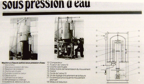 Obr. 16: Stroj na zkoušení odolnosti nad pohyblivou štěrbinou (Mafaspe), navíc ještě s vlivem tlaku vody, Soprema, 1975