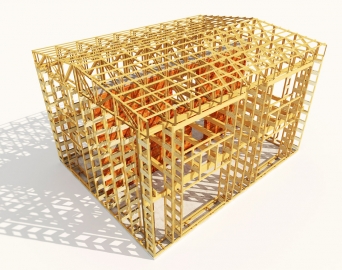 Obr. 1: Nosný dřevěný skelet obvodového pláště a stropů dvoupodlažního optimalizovaného „nulového (s potřebou tepla na vytápění pod 5 kWh/m².rok)“ domu o půdorysu 11,5x9 m umožňující velmi jednoduché uložení 500 mm levné minerální vaty do obvodových stěn a 660 mm do střechy. Náklady na postavení dřevěného skeletu jsou zhruba 100 tisíc Kč a dva týdny práce pro dva lidi. Všechny vazníky (40 ks stěnových a 22 ks střešních) jsou již při jejich výrobě vyplněny minerální vatou (není znázorněno). Velmi jednoduchá výroba jednoho vazníku trvá dvěma lidem asi 20 minut a zabudování další minerální vaty do pravoúhlých dutin mezi vazníky je časově nenáročné. Minerální vata o objemu 200 m³ na zateplení celého obvodového pláště vyjde na pouhých 80 tisíc Kč (aktuálně pro rok 2017)!