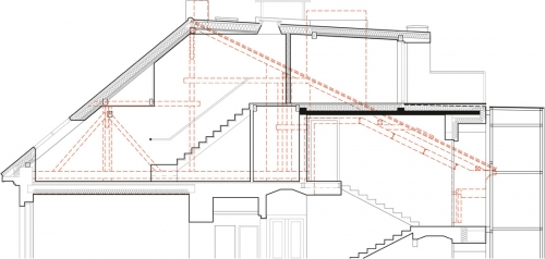 Řez: výška hřebene střechy zůstala stejná, ale změnil se její tvar. Směrem do dvora je pultová, vznikla tu také terasa. Červeně je vyznačena původní střecha.