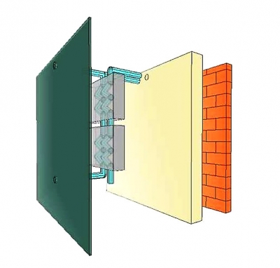 Obr. 1: Koncept E2VENT, zleva opláštění, vzduchová dutina s rekuperační jednotkou (SMHRU), izolace, vnější stěna