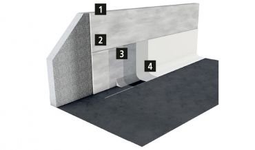 Silážní jáma. Dílčí nanesení povrchové vrstvy na plochách stěn v obzvlášť silně namáhané oblasti. Doporučuje se plnoplošné nanesení vrstev na plochy stěn a na plochu podlahy. 1 – egalizace (na starých podkladech); 2 – vyrytá drážka; 3 – MC-PowerPro HCRprimer na lehce otryskané egalizaci; 4 – MC-PowerPro HCR, nanesený ve dvou vrstvách