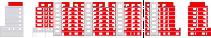 Obr. 7: Pohled z ulice včetně postranních štítů – červeně zdivo, šedivě železobeton, černá čerchovaná čára značí zlom ve fasádě