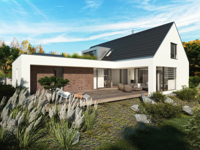 První e4 dům má originální architektonické řešení, které odpovídá přísným parametrům a požadavkům na výstavbu rodinných domů po roce 2020. Dům splňuje charakter domu s téměř nulovou energetickou spotřebou.