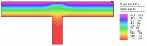Obr. 9: Termogram výsledku posouzení varianty A (ponechání jedné komory cihly T Profi k vnějšímu líci, 7,5 cm), nejnižší zjištěná povrchová teplota 16,42 °C