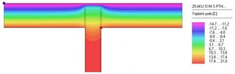 Obr. 10: Termogram výsledku posouzení varianty B (ponechání 4 cm tepelné izolace z MW, λ = 0,041), nejnižší zjištěná povrchová teplota 16,43 °C
