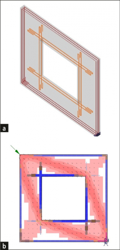 Obr. 6: Stěnový panel s otvorem v IDEA StatiCa [2]; a – vyztužení konstrukce; b – posouzení únosnosti – tlaková pole, výztuž a kotvení