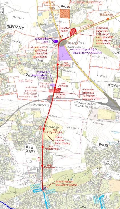 Plánovaná tramvajová trať Kobylisy–Zdiby, zdroj www.Praha.eu