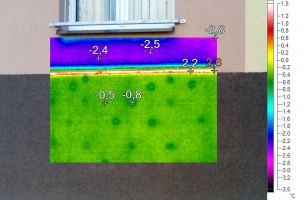 Obr. 2: Termovizní snímek hliníkového zakládacího profilu. Jeho vnější povrchová teplota je výrazně vyšší než teploty v místě zateplení, tvoří se zcela zbytečný tepelný most.