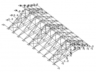 Obr. 12: Priestorový model konštrukcie s doplnenými strešnými vystužovadlami a novými ťahadlami priečnych väzieb