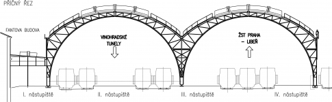 Obr. 1: Příčný řez konstrukcí, příčná vazba – trojkloubové rámy výšky 18 m