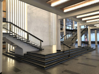 Vstupní a společenské prostory jsou rozloženy do tří podlaží propojených halou a dvěma jednoramennými schodišti