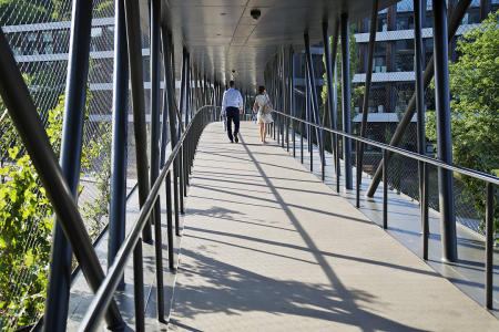 Most, vystupující ze zeleného svahu jako stvol, je koncipovaný jako otevřený visutý chodník navlečený do lehkého rukávce síťové treláže porostlé popínavou vegetací