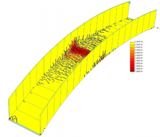 Grafický ilustrativní výstup z dílčího kroku nelineárního modelování programem ATENA – průhyby pro zatížení 4,2 kN/m2 na úrovni max. 3 mm.