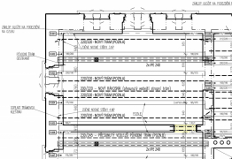 Obr. 2: Část půdorysu sanovaného stropu rekonstrukce klasicistní budovy Masarykova nádraží v Praze, kde je na stávající a nově navrhované trámy s různými osovými vzdálenostmi navržen záklop z desek OSB3 o tl. 2 x 18 mm. Zdroj: Nostica.cz