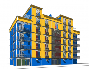 BIM model stavby, žlutou barvou jsou označeny stavební prvky Ytong, modrou vápenopískové tvárnice a příčky Silka