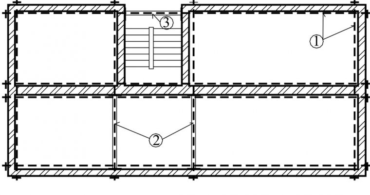 Obr. 3: Princip stažení zděného objektu pomocí ocelových předpjatých lan: 1 – ocelové předpjaté lano, 2 – rozpěrný prvek (ocelová trubka, válcované profily) s roznášecími přírubami, 3 – rozpěrný prvek nebo táhlo