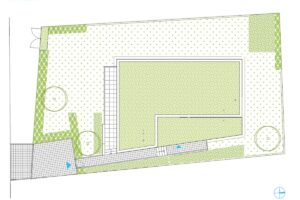 Dům kubických tvarů se zelenou střechou a prosklením Schüco