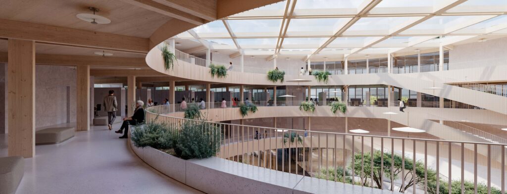 Přepážky pro vyřizování úředních záležitostí jsou soustředěny kolem centrálního atria.