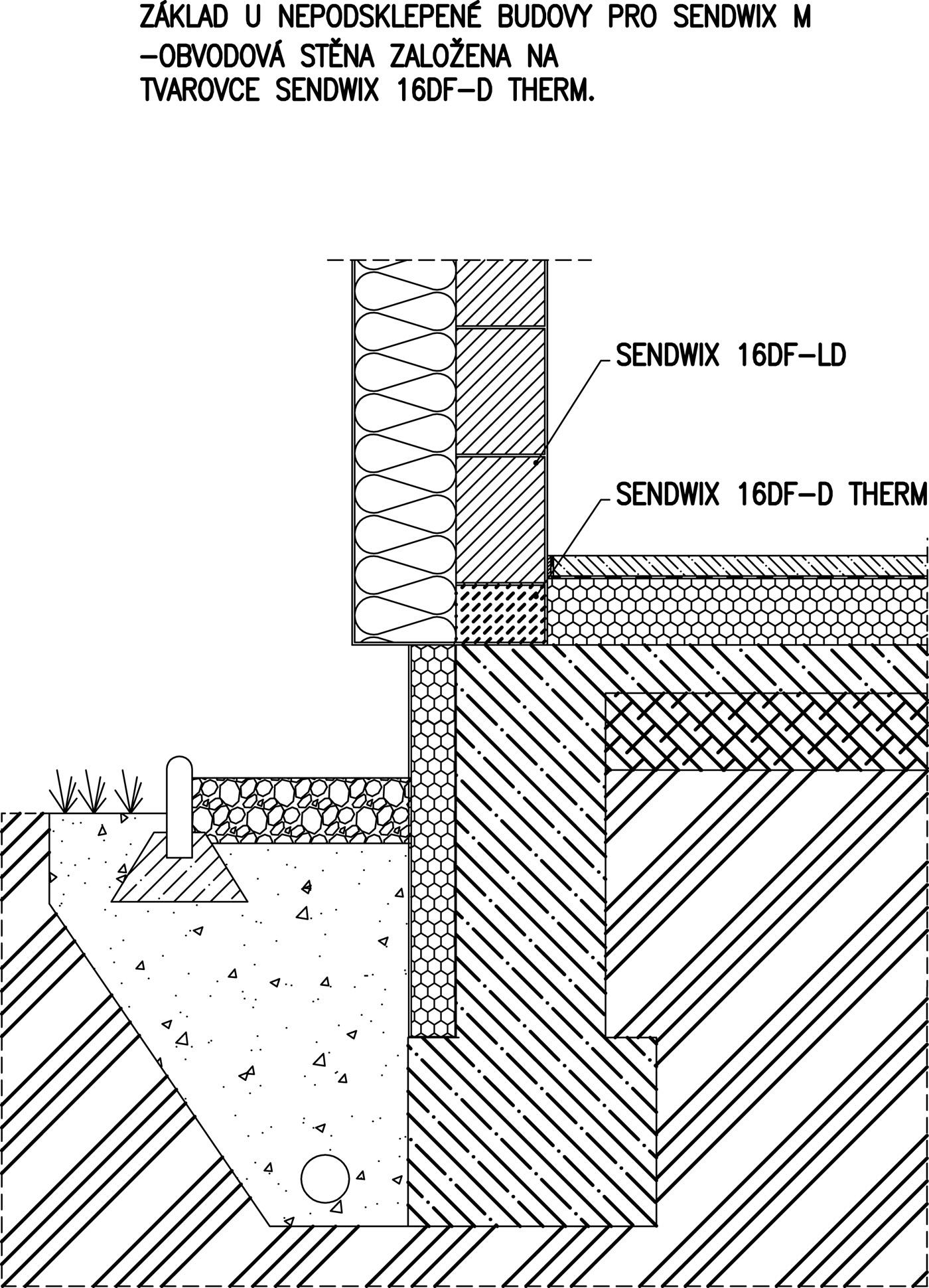 Nové řešení s přerušení tepelného mostu u obvodové stěny tvarovkou SENDWIX 16DF-D THERM, základ u nepodsklepené budovy, SENDWIX M