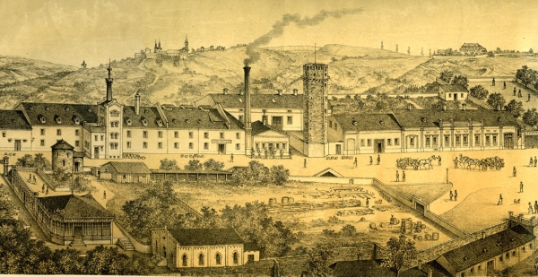 Historický pohled na pivovar z období těsně před rokem 1892 (kolorovaná litografie)
