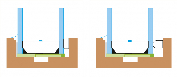 Obr. 8: Rámeček s proměnlivou tloušťkou (ForArch 2015). Distanční rámeček měnící svoji tloušťku dle tlaku plynu. Také bez úniku. Bonusem je nezkreslený odraz. Delší zkosení hran rámečku umožňuje dávat tmel pouze do jeho okrajů.