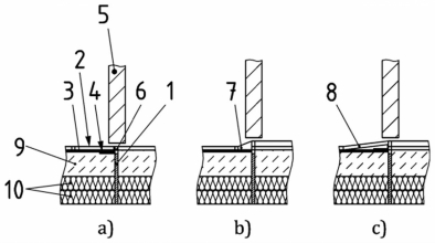 Obr. 12: Schematické znázornění příkladů ukončení hydroizolace u dveří 1 – Obvodová/okrajová izolační páska; 2 – Dlaždice; 3 – Lepidlo; 4 – Hydroizolace; 5 – Dveřní křídlo; 6 – Kovový profil (až k hornímu okraji vyšší plochy); 7 – Profilová lišta (šikmá); 8 – Dlaždice položená do spádu; 9 – Potěr; 10 – Tepelná a zvuková izolace